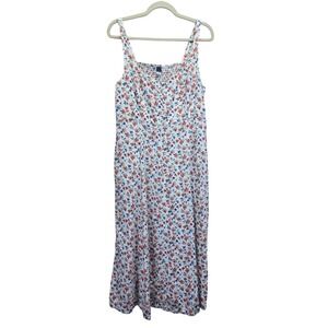 Old Navy Floral Linen Blend Midi Dress Gray Red Blue Smocked Back‎ Large Resort